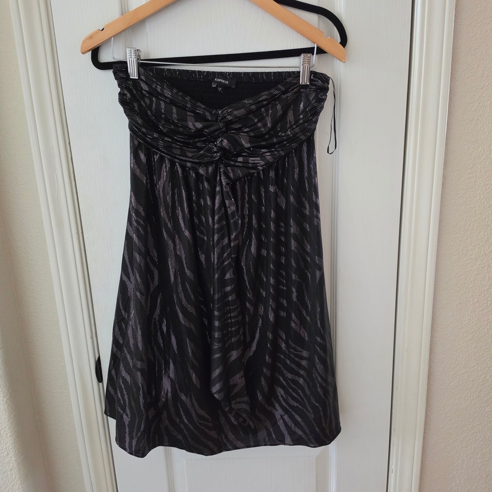 Express Black Metallic Silver Foil Smocked Strapless Ruffle Mini Dress Medium